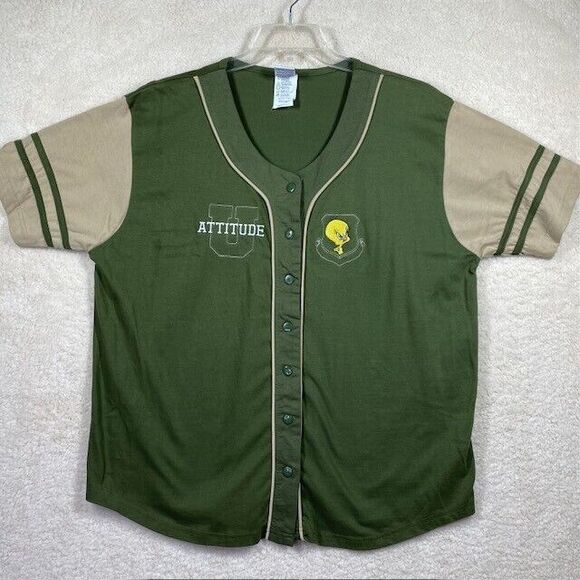 Looney Tunes Womens Sz XL Green VTG 2002 TWEETY BIRD ATTITUDE U Baseball Jersey - Picture 1 of 11